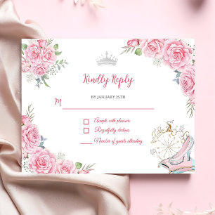 Quinceanera Blush Pink Floral Silver Crown RSVP Card
