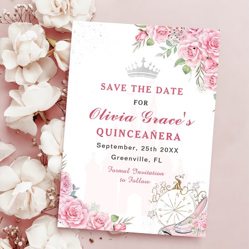 Quinceanera Blush Pink Floral Silver Crown Save The Date