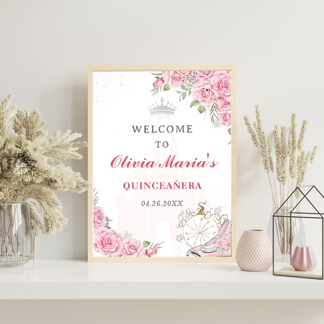 Quinceanera Blush Pink Floral Silver Welcome Sign (Creator Uploaded)
