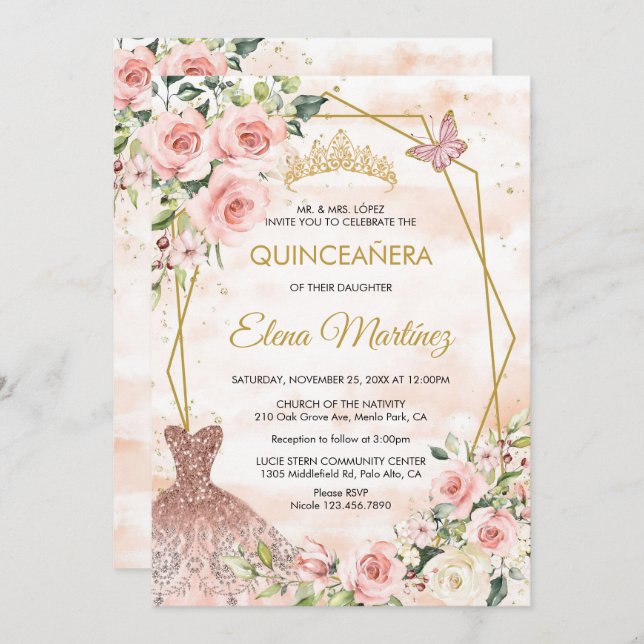 Quinceanera Blush Pink Flowers Butterfly Invitation (Front/Back)