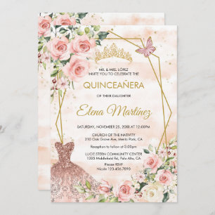 Quinceanera Blush Pink Flowers Butterfly Invitation