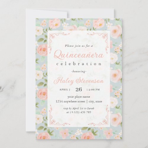 Quinceanera Blush Pink Girly Elegant Chic Floral Invitation