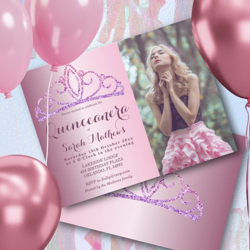 Quinceanera  Blush Pink Glitter Crown invitation Postcard