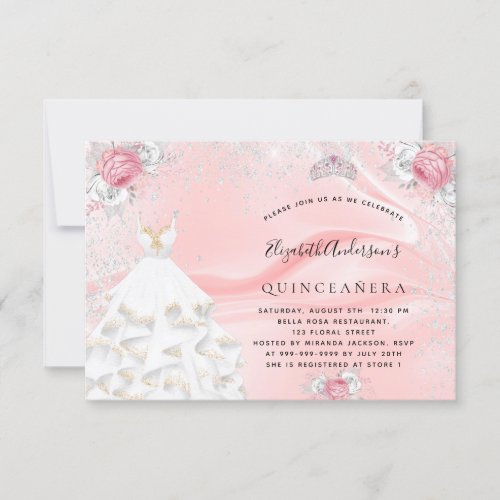 Quinceanera blush pink glitter dress tiara floral invitation
