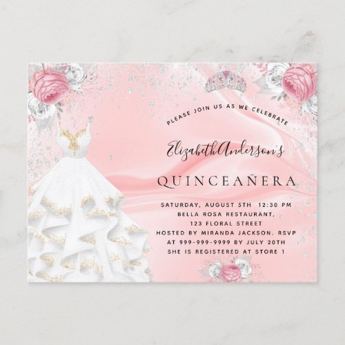 Quinceanera blush pink glitter dress tiara floral invitation postcard