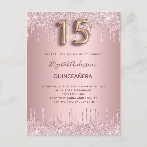 Quinceanera blush pink glitter drips invitation postcard