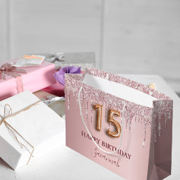 Quinceanera blush pink glitter drips monogram name large gift bag