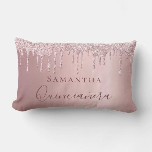 Quinceanera blush pink glitter drips monogram name lumbar pillow