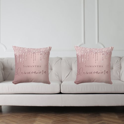 Quinceanera blush pink glitter drips monogram name throw pillow