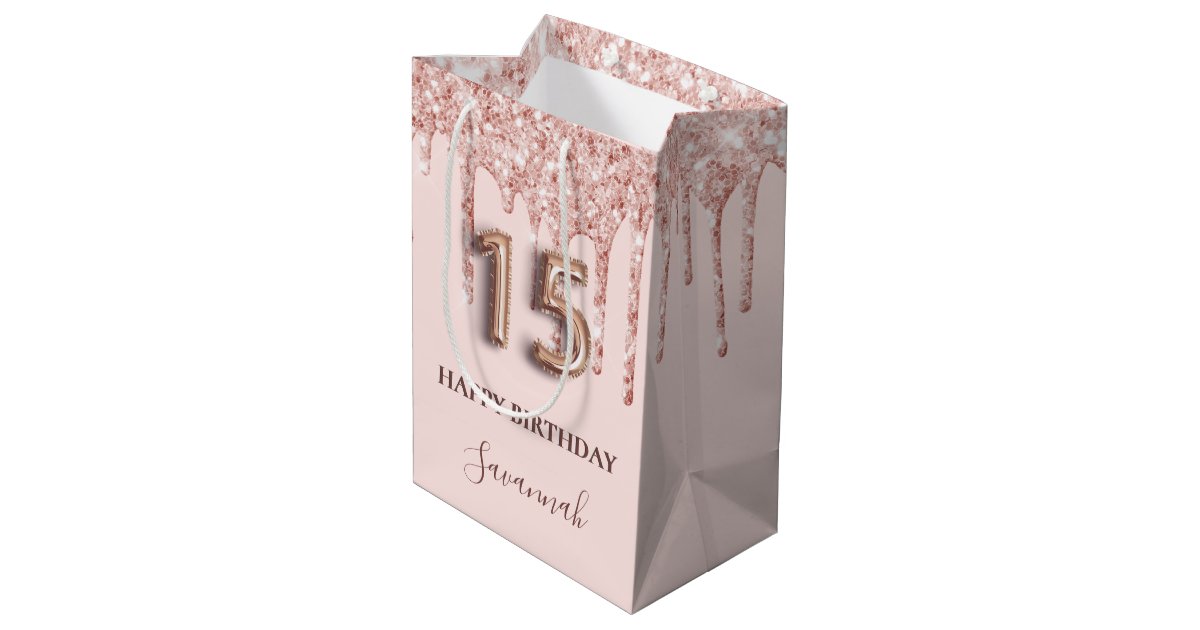 Quinceanera blush pink glitter drips rose gold medium gift bag