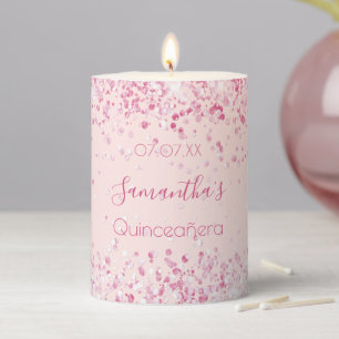 Quinceanera blush pink glitter dust name pillar candle