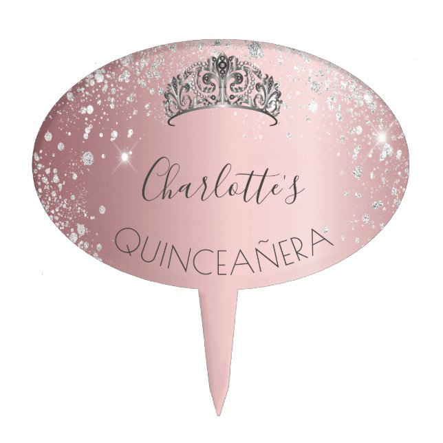 Quinceanera blush pink glitter silver tiara name cake topper (Front)