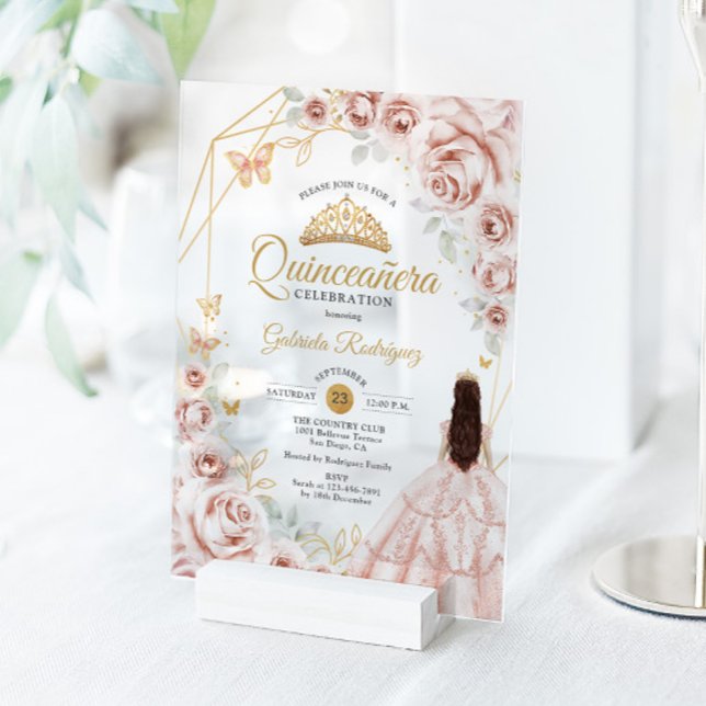 Quinceanera Blush Pink Gold Floral Dress Acrylic Invitations (Creator Uploaded)