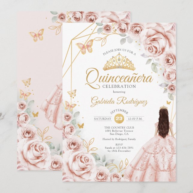 Quinceanera Blush Pink Gold Floral Dress Invitation | Zazzle