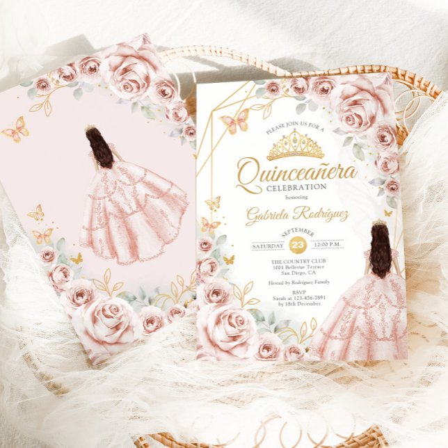 Quinceanera Blush Pink Gold Floral Dress Invitation | Zazzle Quinceanera Blush Pink Gold Floral Dress Invitation | Zazzle