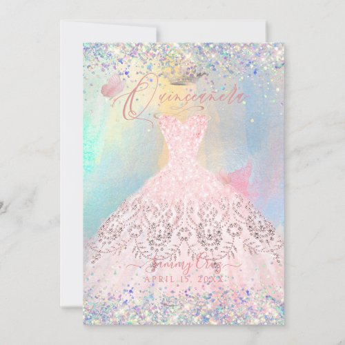 Quinceanera Blush Pink Gown Holographic Glitter Invitation