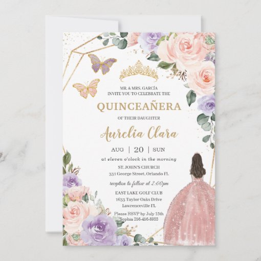 Quinceañera Blush Pink Lilac Purple Floral 16th Invitation 