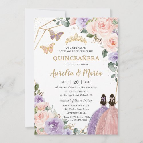 Quinceaera Blush Pink Lilac Purple Floral Twins  Invitation