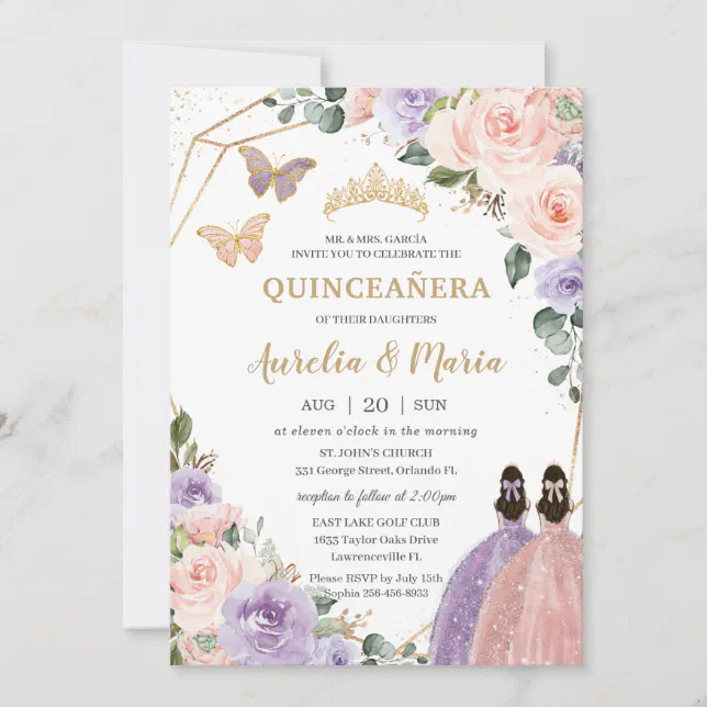 Quinceañera Blush Pink Lilac Purple Floral Twins Invitation | Zazzle