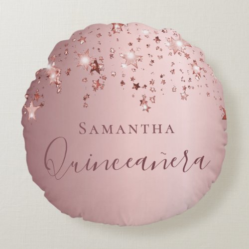 Quinceanera blush pink monogram name sparkle round pillow