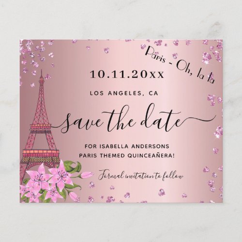 Quinceanera blush pink paris budget save the date flyer