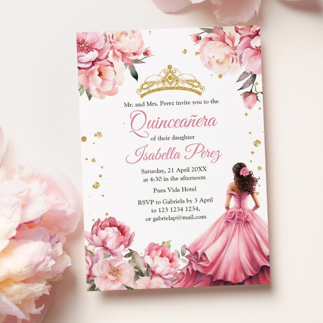 Quinceanera Blush Pink Princess Dress Tiara Invitation (Quinceanera Blush Pink Princess Dress Tiara Invitation on a table with blush pink peonies.)