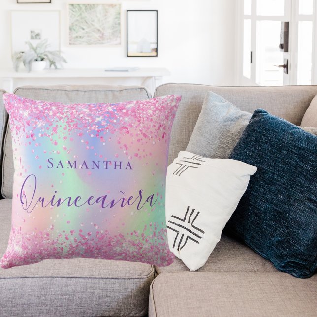 Quinceanera blush pink purple glitter holographic throw pillow (Creator Uploaded)