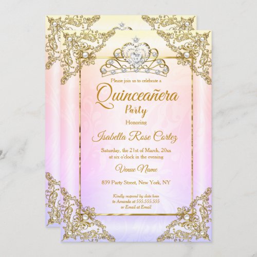 Quinceanera Blush Pink Purple photo Gold Tiara Invitation