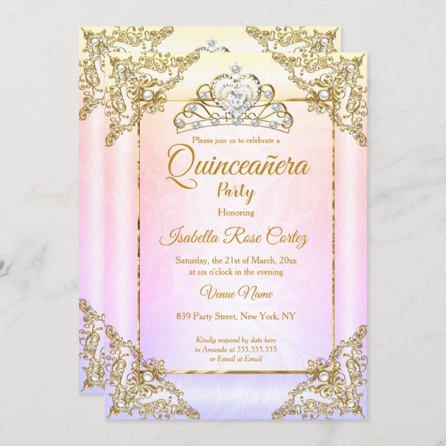 Quinceanera Blush Pink Purple photo Gold Tiara Invitation (Front/Back)