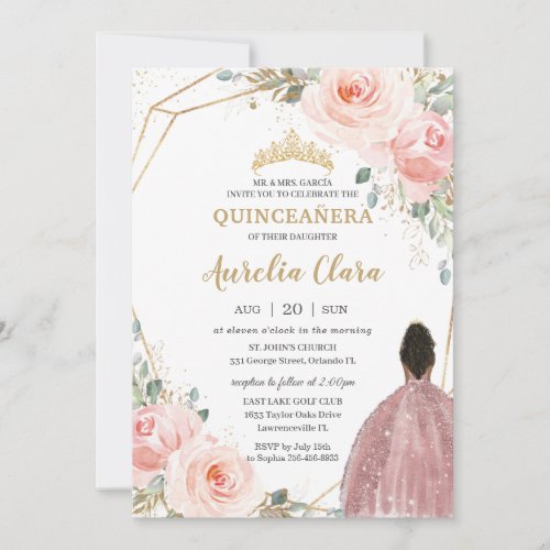 Quinceaera Blush Pink Rose Floral Brown Princess Invitation