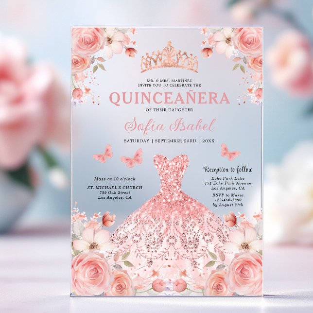 Quinceañera Blush Pink Rose Floral Butterfly Acrylic Invitations (Creator Uploaded)