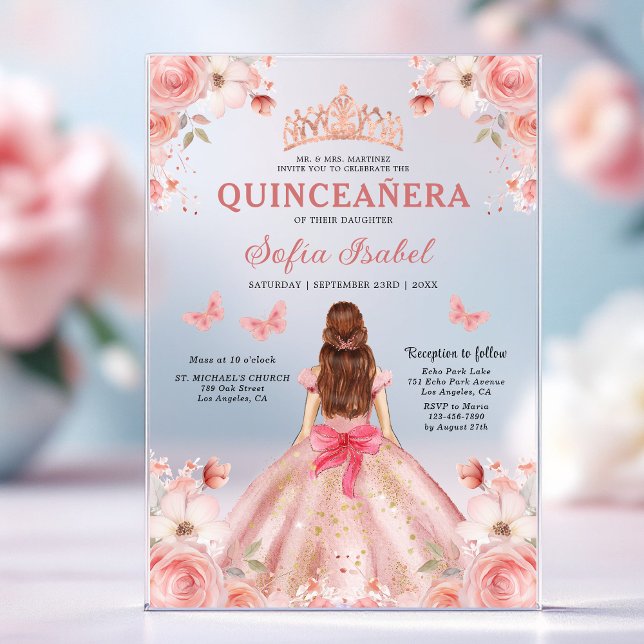 Quinceañera Blush Pink Rose Floral Butterfly Acrylic Invitations (Creator Uploaded)