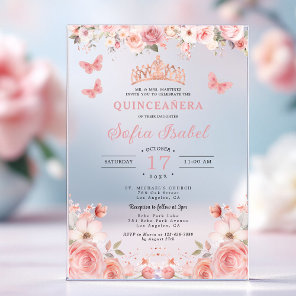 Quinceañera Blush Pink Rose Floral Butterfly Acrylic Invitations