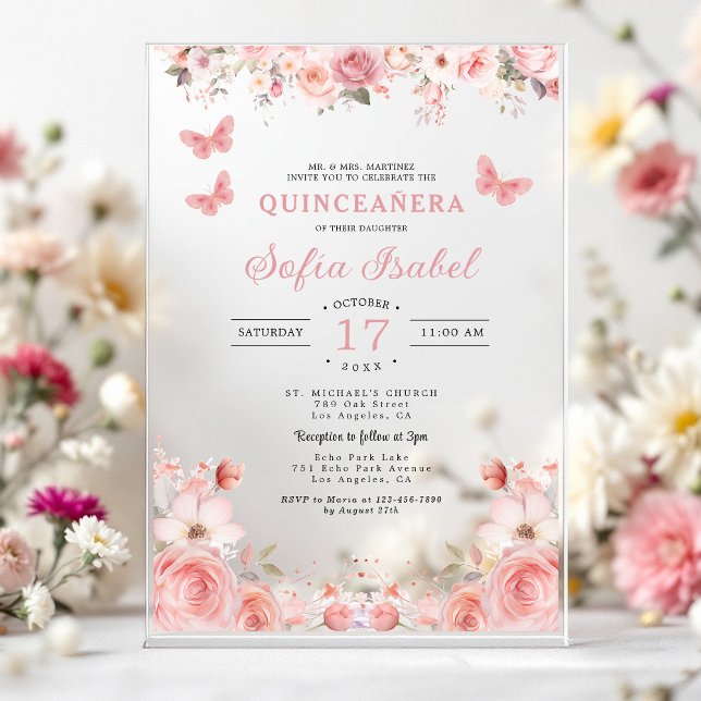 Quinceañera Blush Pink Rose Floral Butterfly Acrylic Invitations (Creator Uploaded)