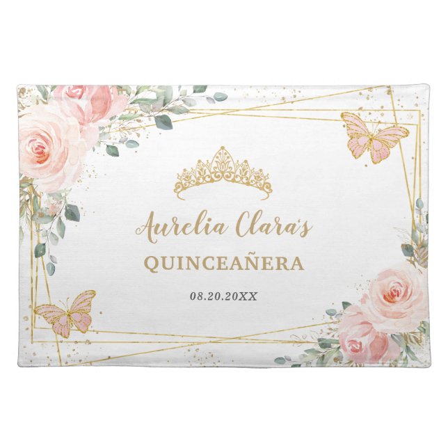 Quinceañera Blush Pink Rose Floral Butterfly Crown Cloth Placemat (Front)