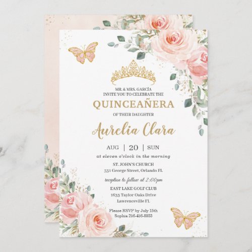 Quinceaera Blush Pink Rose Floral Butterfly Crown Invitation