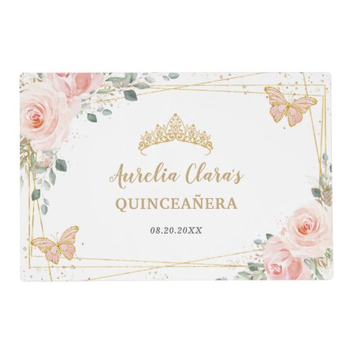 Quinceaera Blush Pink Rose Floral Butterfly Crown Placemat