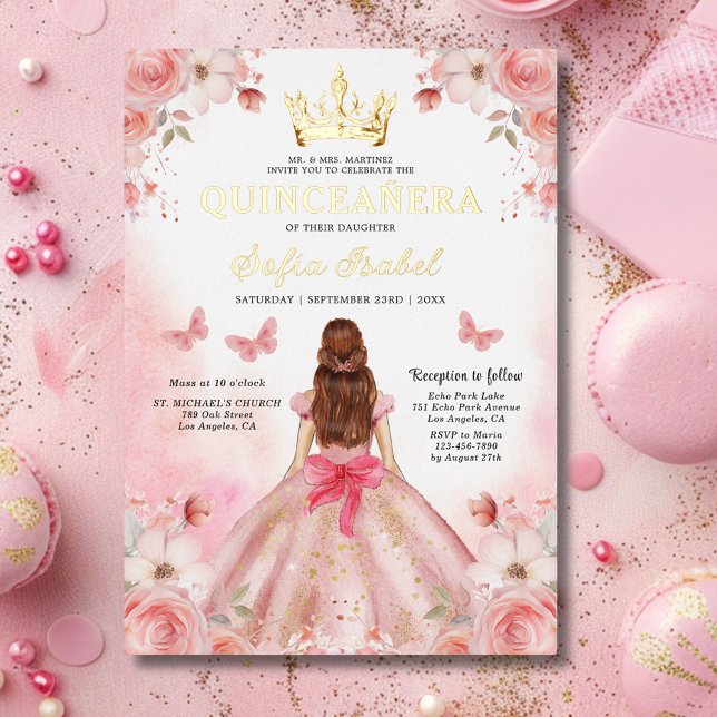 Quinceañera Blush Pink Rose Floral Butterfly Foil Invitation (Creator Uploaded)