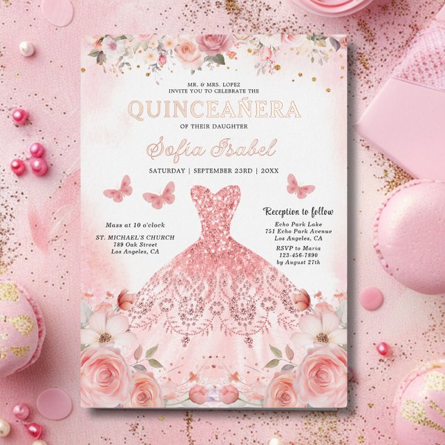 Quinceañera Blush Pink Rose Floral Butterfly Foil Invitation (Creator Uploaded)