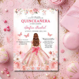Quinceañera Blush Pink Rose Floral Butterfly Invitation