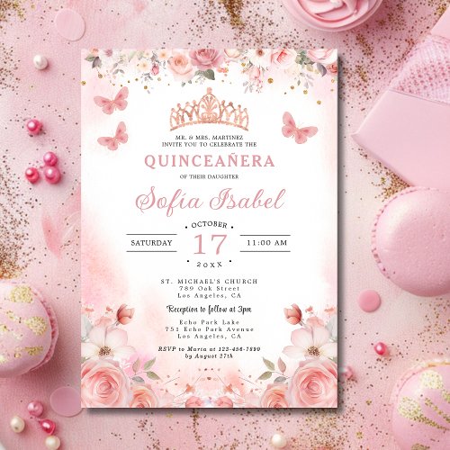 Quinceañera Blush Pink Rose Floral Butterfly