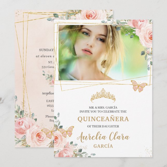 Quinceañera Blush Pink Rose Floral Butterfly Photo Invitation (Front/Back)