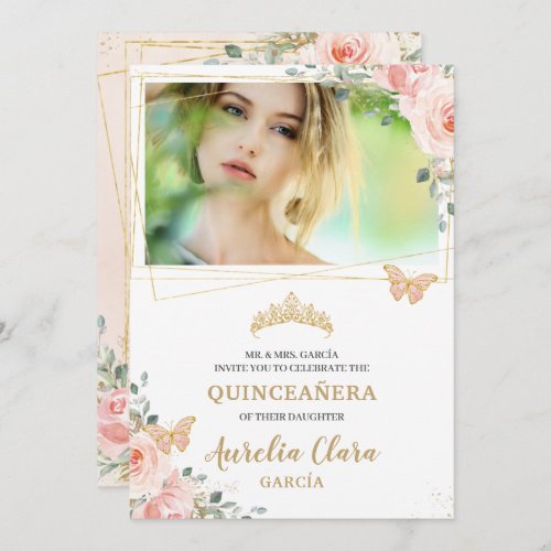 Quinceaera Blush Pink Rose Floral Butterfly Photo Invitation