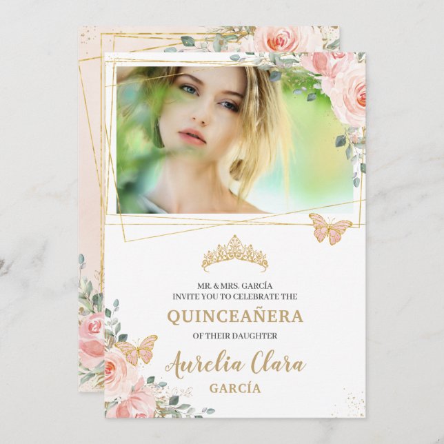 Quinceañera Blush Pink Rose Floral Butterfly Photo Invitation (Front/Back)
