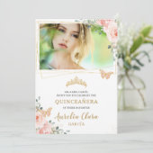 Quinceañera Blush Pink Rose Floral Butterfly Photo Invitation (Standing Front)