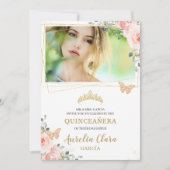 Quinceañera Blush Pink Rose Floral Butterfly Photo Invitation (Front)