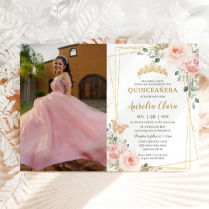Quinceañera Blush Pink Rose Floral Butterfly Photo Invitation
