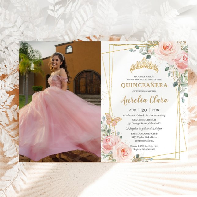 Quinceañera Blush Pink Rose Floral Butterfly Photo Invitation (Creator Uploaded)