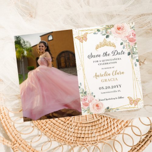 Quinceaera Blush Pink Rose Floral Butterfly Photo Save The Date
