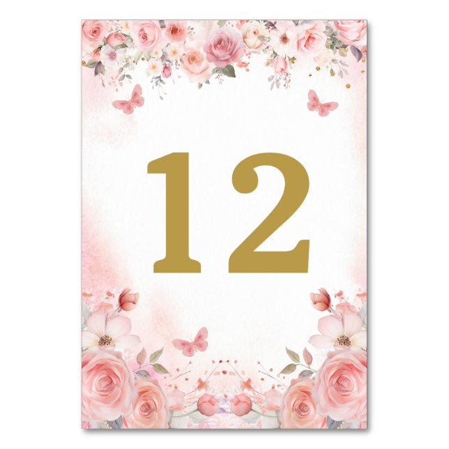 Quinceañera Blush Pink Rose Floral Butterfly Table Number (Front)